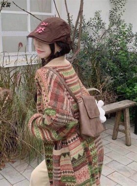 外套女秋冬撞色毛衣慵懒风宽松复古高领针织衫中长款拼接过膝百搭