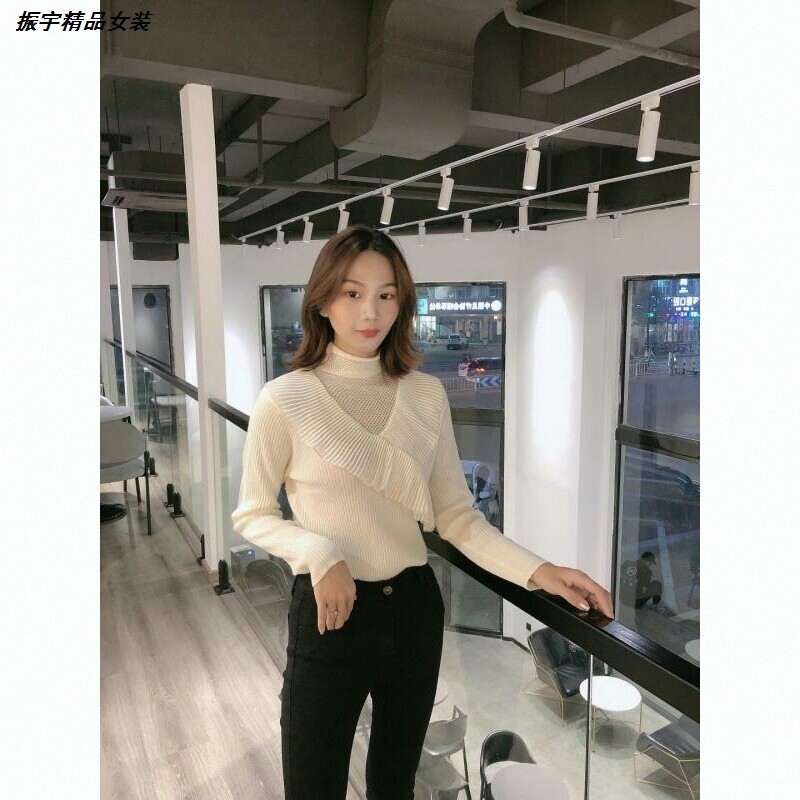 女士毛衣高领打底衫花边上衣秋冬针织衫修身镂空洋气蕾丝堆堆套头