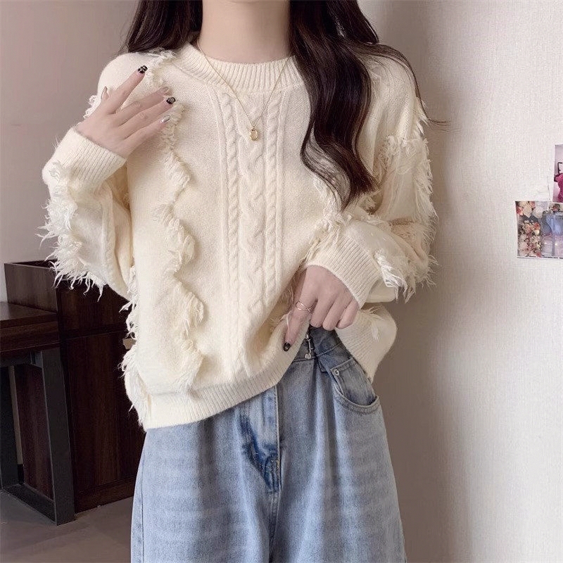 高级感流苏毛边加厚麻花毛衣女2025秋冬新款宽松慵懒风针织衫上衣