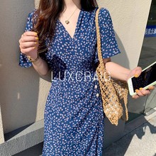 冷淡风女装 夏季 高级感雪纺碎花蓝色连衣裙 2024新款 LUXCRAIG法式