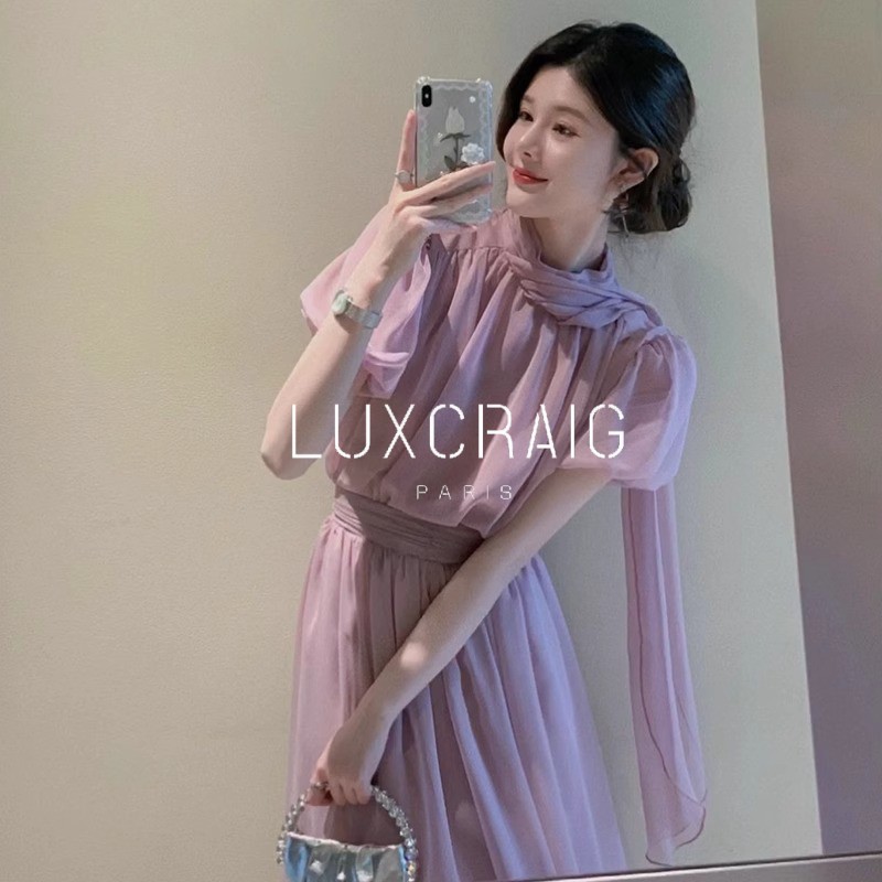 LUXCRAIG法式小清新女装温柔甜美两件套装泡泡袖仙女紫色连衣裙