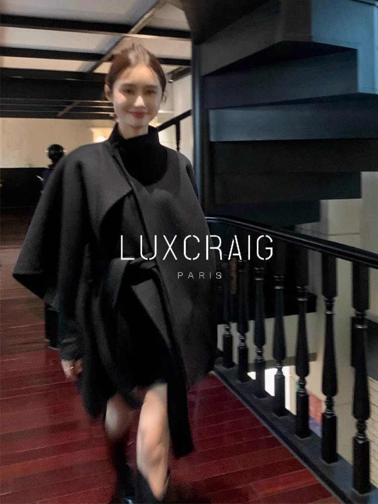 LUXCRAIG大衣赫本风黑色斗篷外套