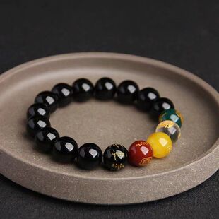 五路财神女款黑黑曜石男玛瑙仿礼品手链本命年手串玻璃
