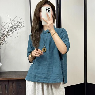 短袖 新款 上衣前短后长 2025夏季 亚麻手工缝线斜襟盘扣套头衫