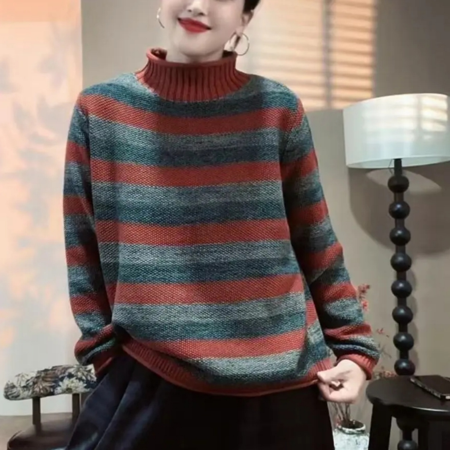 2025冬季新款加厚时尚百搭半高领套头条纹针织衫宽松内搭条纹毛衣