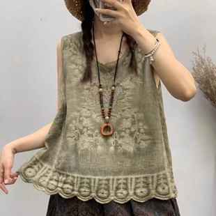2026夏季复古蕾丝花边无袖炒色背心女宽松文艺提花刺绣吊带上衣