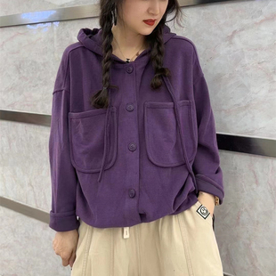 外套帽衫 单排扣休闲上衣百搭短款 宽松大码 纯色连帽卫衣女秋冬新款