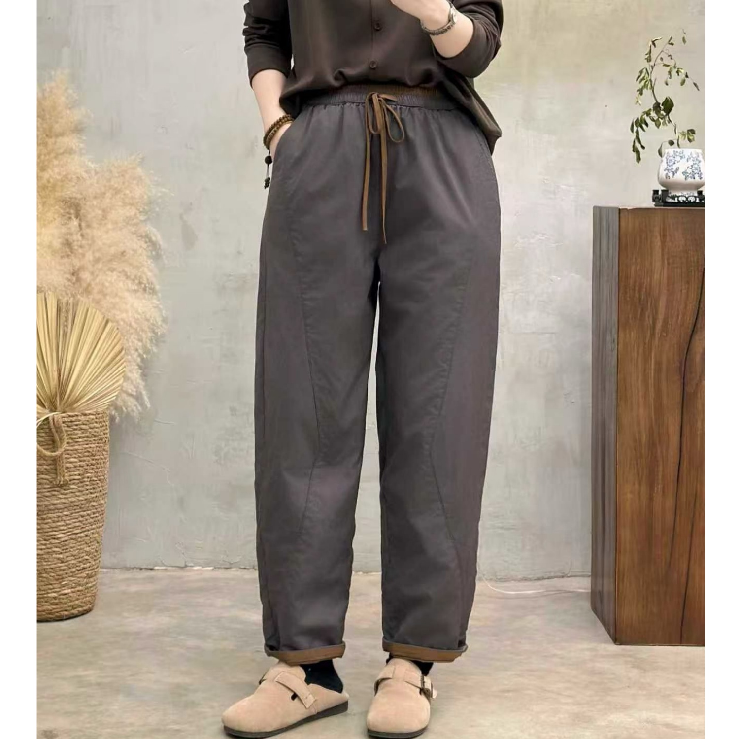 冬季复古100%纯棉哈伦裤系绳松紧腰夹棉加厚宽松显瘦棉裤5010