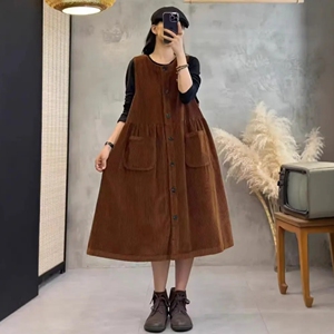 2026春秋灯芯绒连衣裙洋气时尚气质宽松收腰中长款全棉马甲裙