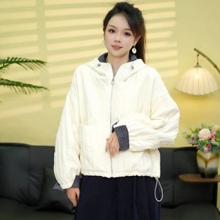 2025连帽格子拼接绗线棉服外套秋季早冬季新款时尚百搭休闲女士