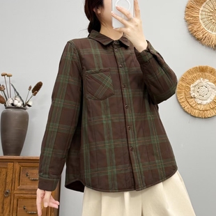 夹棉衬衫 棉服女百搭时尚 棉服 格子衬衫 风保暖外套 秋冬夹棉长袖