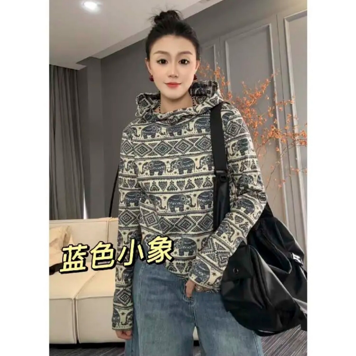 7793休闲宽松型简约时尚百搭显瘦小花复古套头连帽上衣2026春新款