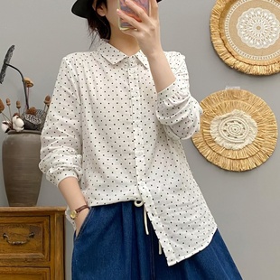 新款 女2024春装 宽松上衣 衬衫 全棉双层棉纱洋气波点印花排扣长袖