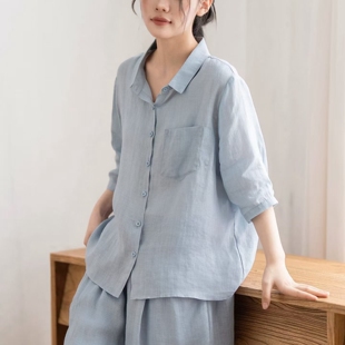 纯苎麻2026夏季文艺V领纯色七分袖宽松百搭女士简约衬衫上衣