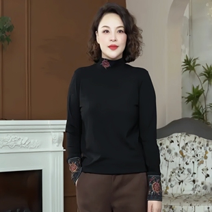 复古刺绣打底衫民族风半高领绣花T恤贴布女长袖弹力修身秋冬上衣