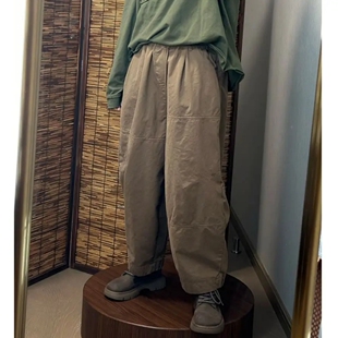 子女 宽松百搭松紧腰拼接复古休闲九分裤 2025春秋新款 全棉哈伦裤