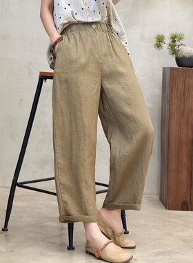 纯亚麻休闲裤时尚休闲松紧百搭夏季透气拼接纯色女装九分裤