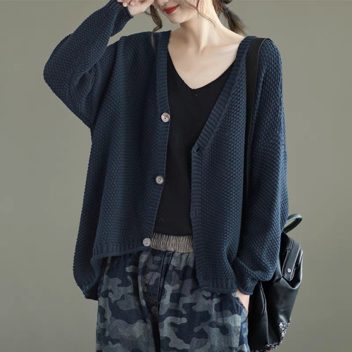 棉线单排扣V领外穿针织衫