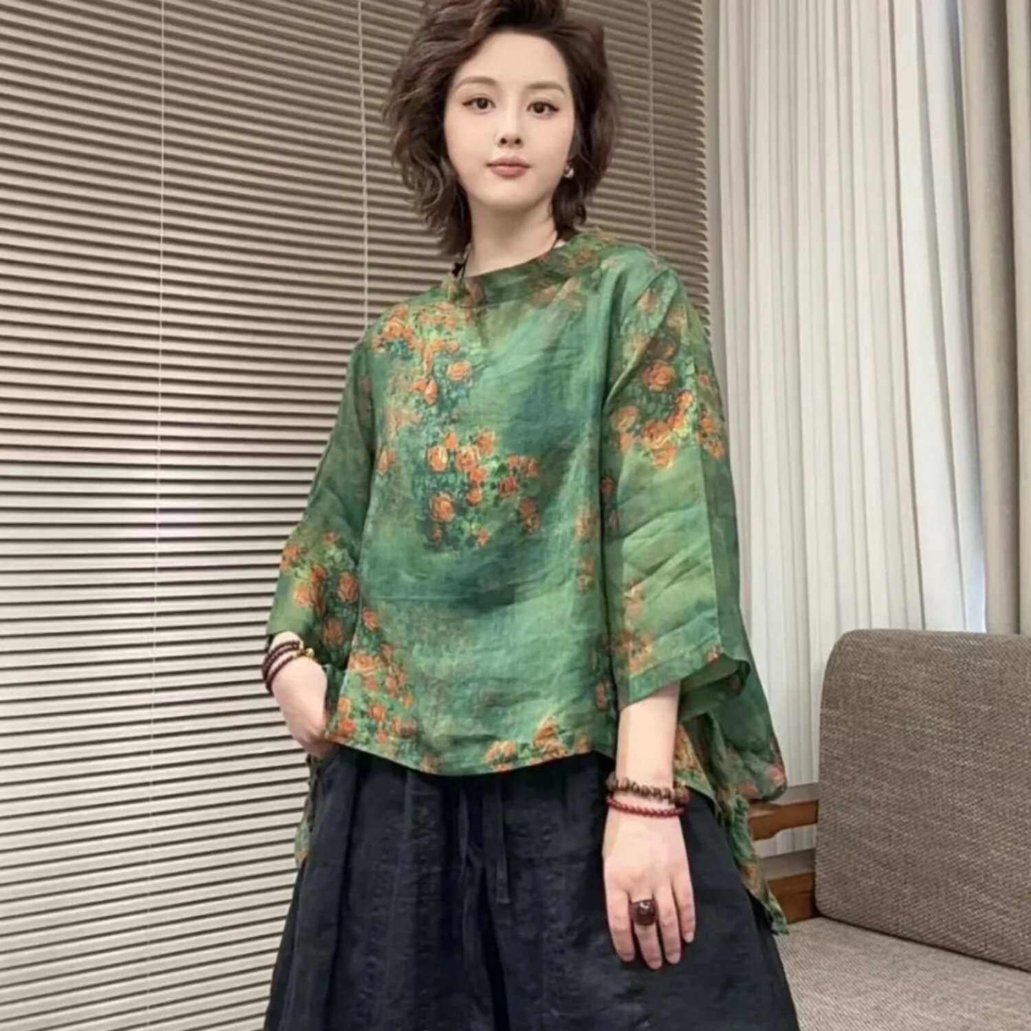 2026夏季新款全苎麻印花休闲百搭小衫碎花复古文艺宽松套头上衣