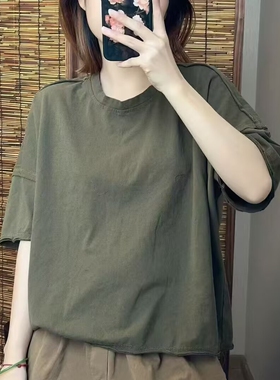 竹节棉t恤女短袖宽松短款2026夏季新休闲百搭打底套头上衣