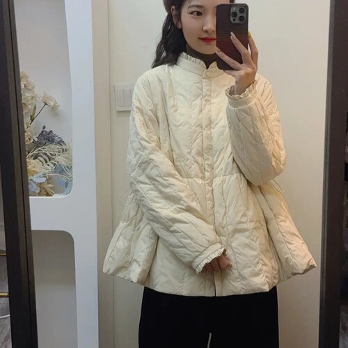 2025冬季新款高定木耳边新中式时尚收腰裙摆女士90白鸭绒羽绒服