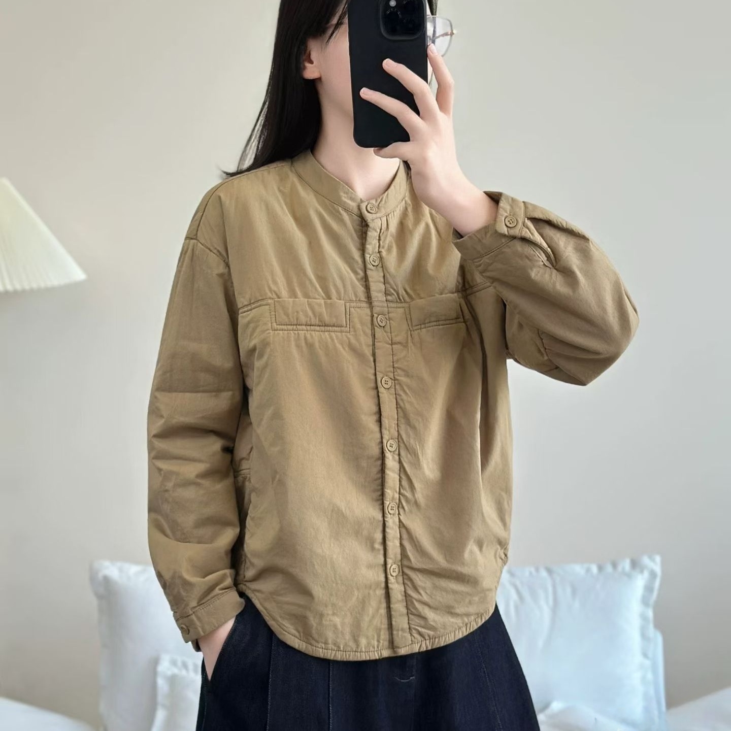 圆领夹棉纯色衬衫复古休闲外套通勤百搭显瘦打底长袖棉衣女