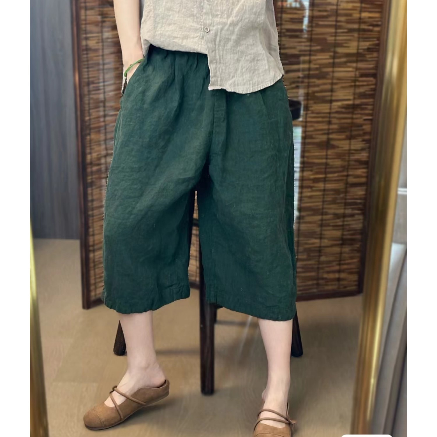 砂洗亚麻7分裤2025夏季新款休闲文艺百搭款宽松休闲轻薄透气纯色