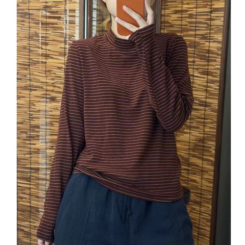 常规款女新潮风圆领条纹耐磨T恤百搭秋冬拼接半高领全棉打底