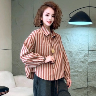 宽松休闲上衣衬衫 全棉百搭条纹长袖 潮 新款 2026春季