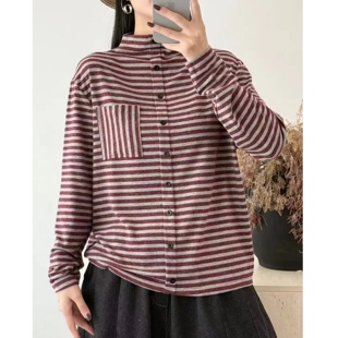 秋季 复古炒色条纹双面绒T恤女半高领长袖 长袖 休闲绒衫 上衣 套头衫
