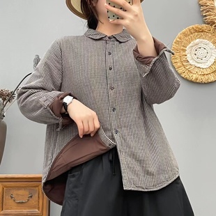 千鸟格2025纯棉夹棉长袖女士保暖女士衬衫百搭秋冬格纹衬衫