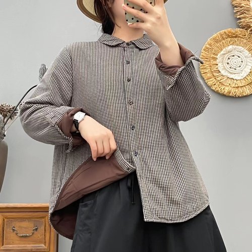 千鸟格2025纯棉夹棉长袖女士保暖女士衬衫百搭秋冬格纹衬衫