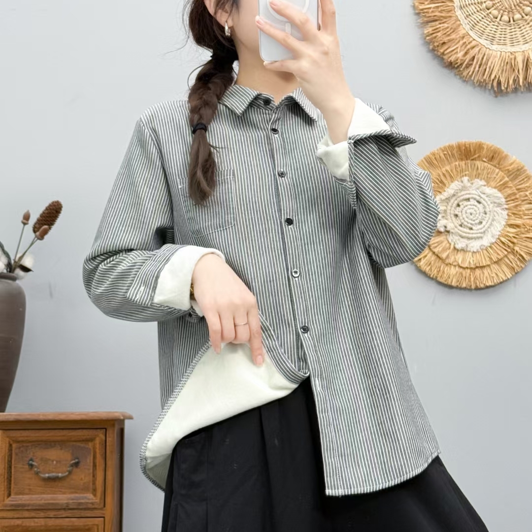 宽松文艺长袖纯棉加绒保暖衬衫