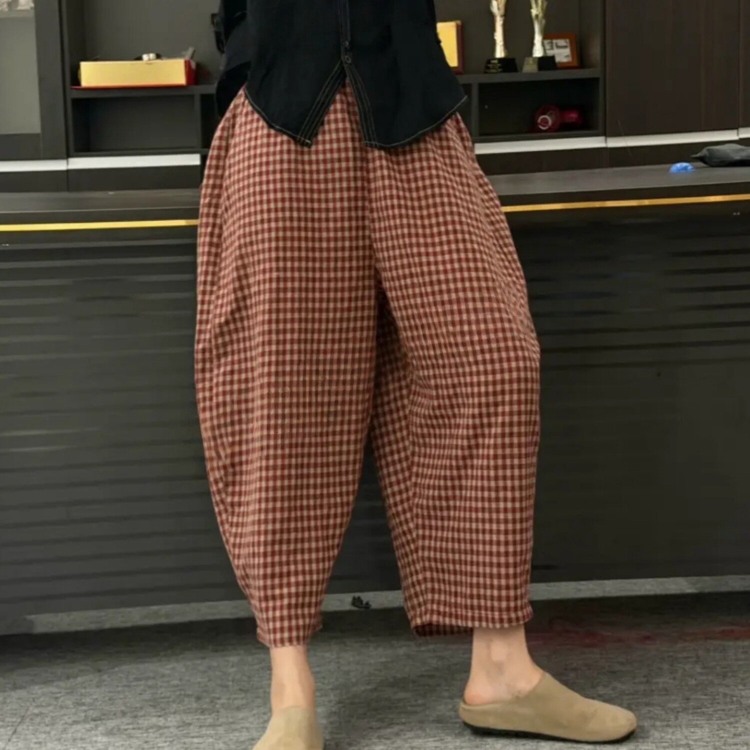 2026夏季新品全棉泡泡棉休闲裤百搭舒服格子哈伦裤薄款九分裤子