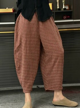 2026夏季新品全棉泡泡棉休闲裤百搭舒服格子哈伦裤薄款九分裤子