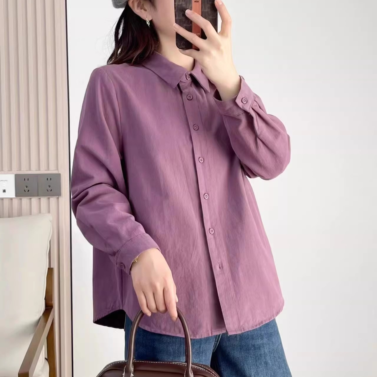 纯棉磨毛保暖秋冬翻领纯色衬衫女法式经典复古百搭衬衣宽松显瘦