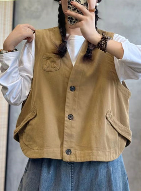 纯棉马甲女春秋季新款V领宽松大码百搭休闲马夹叠穿背心外套6621
