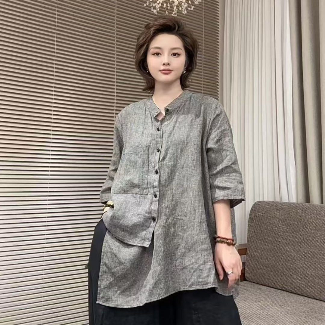 2026夏季新款亚麻复古千鸟格不规则休闲百搭文艺显瘦气质小衫衬衫