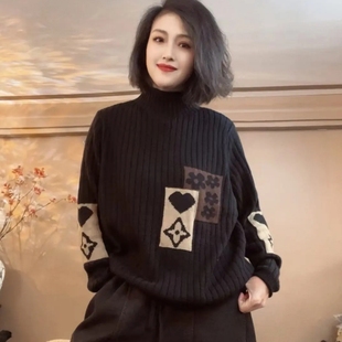 文艺百搭半高领大提花棉线针织衫 时尚 宽松保暖上衣 新款 2024冬季