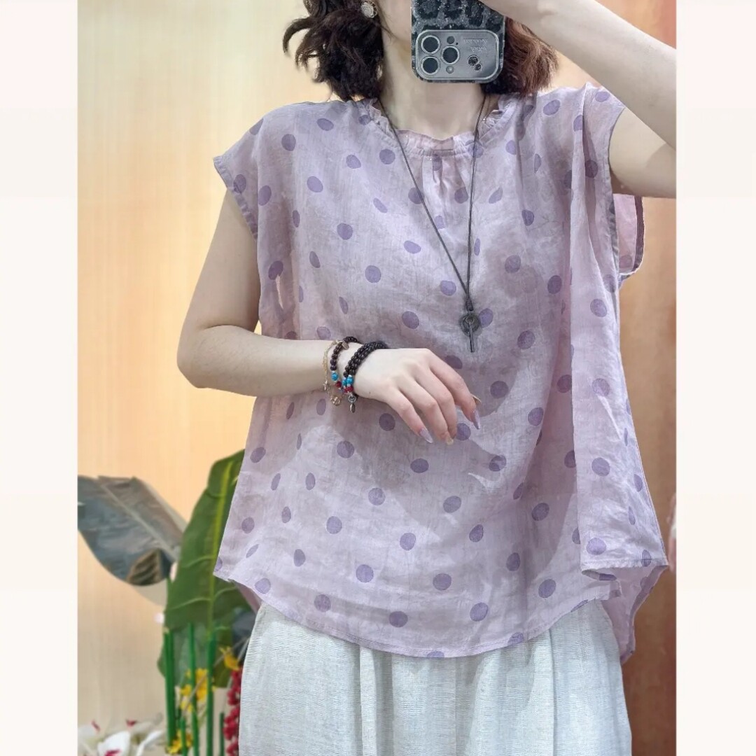暗纹印花波点苎麻木耳边坎肩-后开扣宽松女衬衫上衣显瘦2026夏季