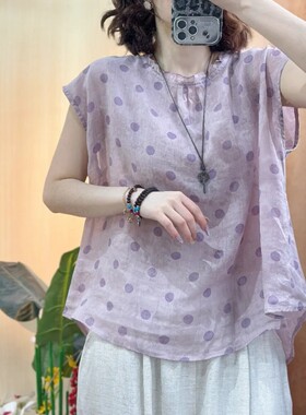 暗纹印花波点苎麻木耳边坎肩-后开扣宽松女衬衫上衣显瘦2026夏季