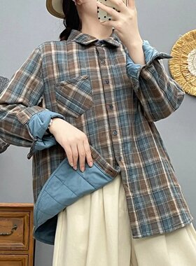 2025秋冬款双层棉纱夹棉格子衬衫复古风加厚保暖棉衣宽松纯棉外套