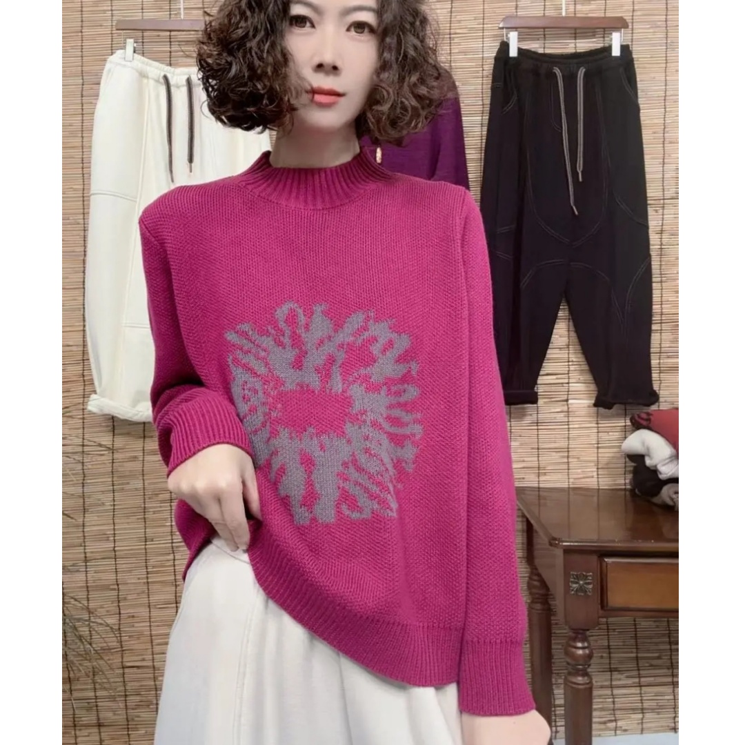 2025秋冬新款提花减龄双面针织衫时尚宽松半高领棉线针织毛衣