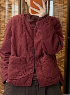 酵素洗汉麻菱形格设计法式U领小香风薄棉夹棉外套2025秋冬新款