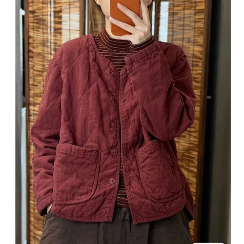 酵素洗汉麻菱形格设计法式U领小香风薄棉夹棉外套2025秋冬新款