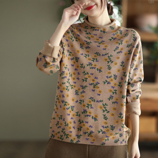 2025秋冬新款复古印花棉线针织衫女半高领毛衣打底衫内搭套头上衣