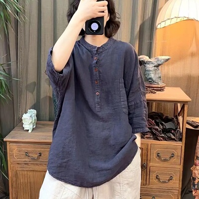 2025夏季新款亚麻衣中袖衬衫上衣显瘦宽松遮肉复古百搭中长款衬衣