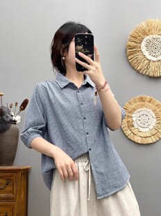 高级感竖条纹双层棉纱衬衫女夏宽松减龄休闲翻领衬衣上衣外套打底