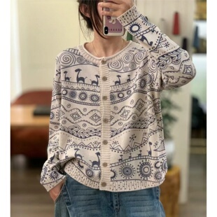 2026文艺休闲民族风印花棉线针织衫杏色开衫女春季新款外套