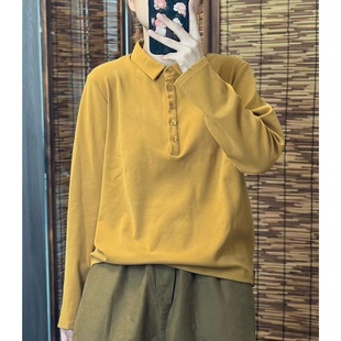 女士秋冬长袖T恤打底衫半开领纽扣POLO衫上衣polo时尚宽松翻领T恤